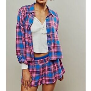NWT! Wrapped In Flannel Set Bubble Blue Combo Large Pajamas Shorts Long Sleeve
